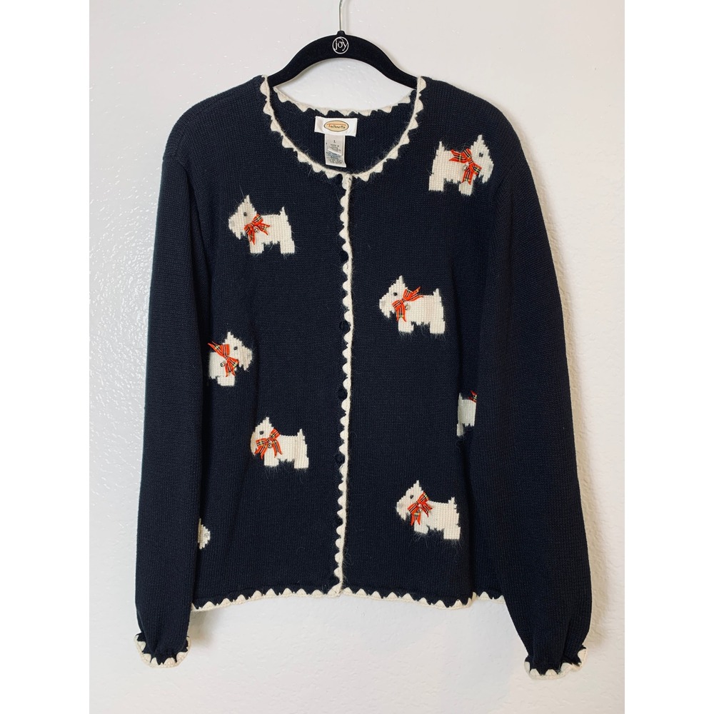 Talbots Cardigan Sweater Women Large Black Scottie Dog Plaid Bow Vintage Preppy
